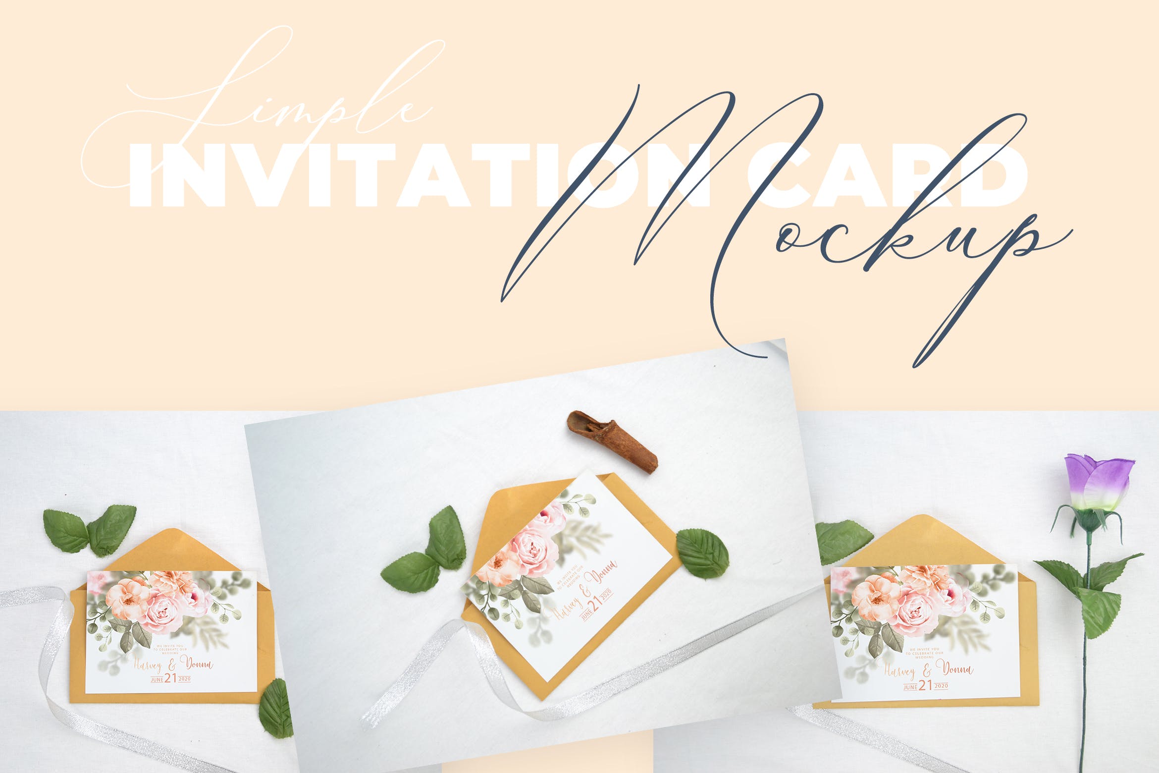 婚礼邀请函设计效果图样机16设计网精选模板v3 Beautiful Realistic Wedding Invitation Mockup V3插图