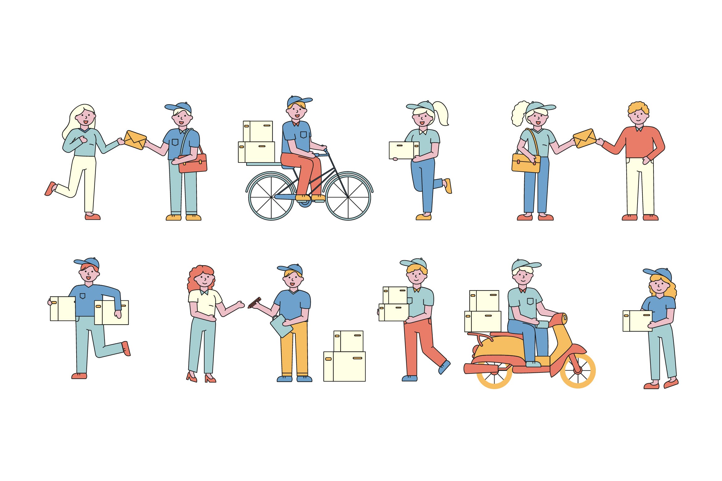 送药上门人物形象线条艺术矢量插画16设计网精选素材 Mail delivery Lineart People Character Collection插图