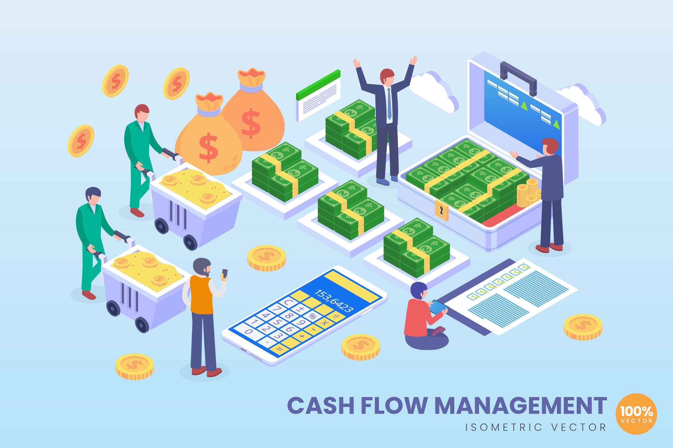 现金流管理主题等距矢量非凡图库精选概念插画素材 Isometric Cashflow Management Vector Concept插图