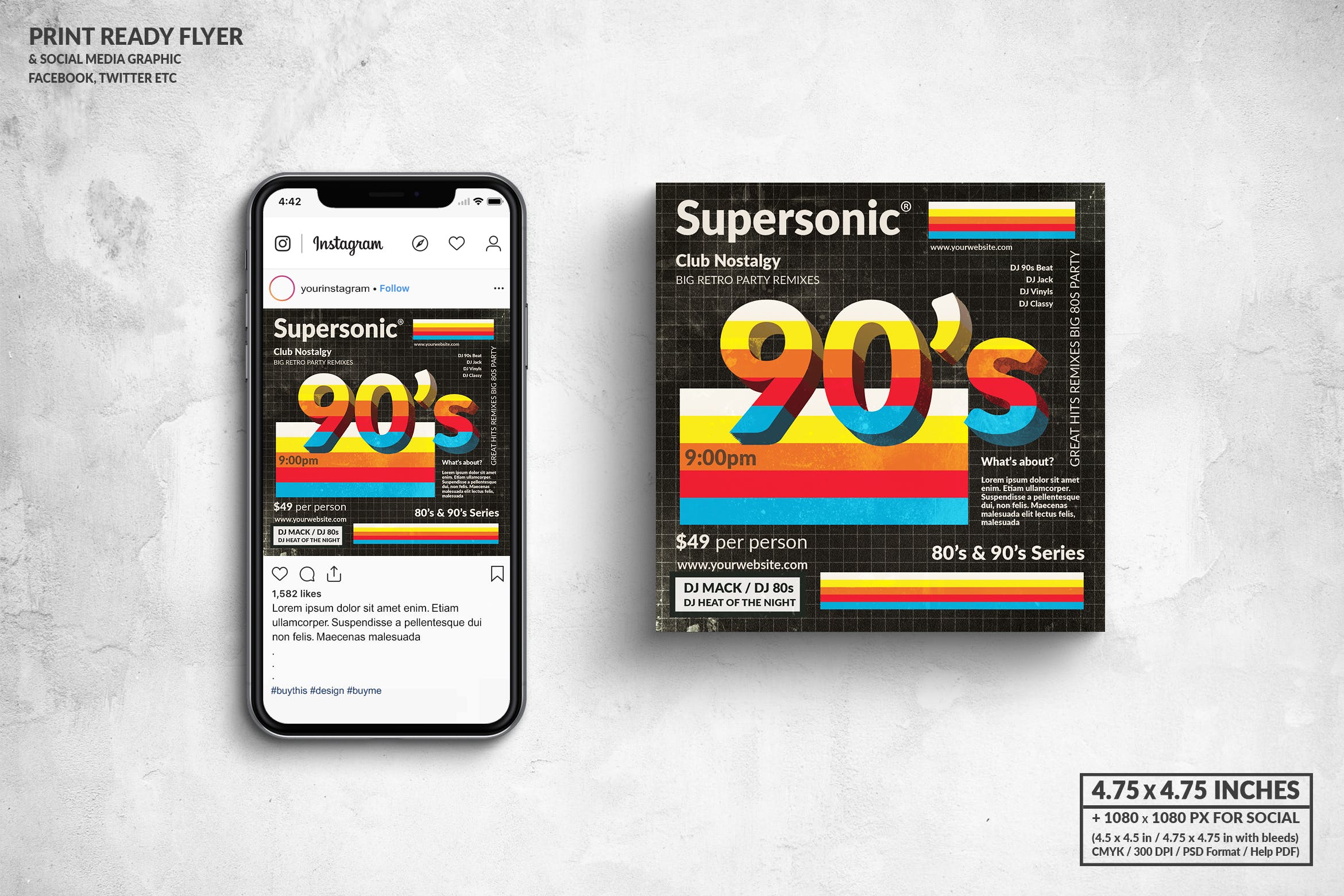 90年代复古音乐主题方形宣传单&社交广告设计模板 90s Supersonic Party Square Flyer & Social Media插图