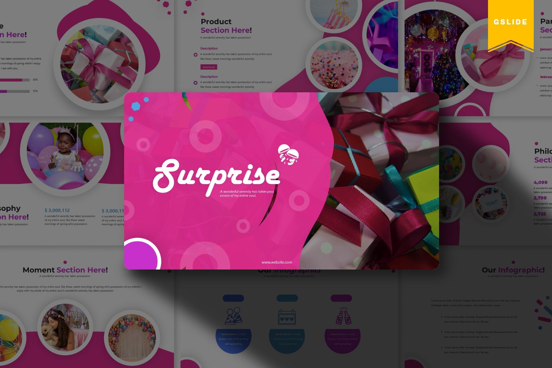 生日派对节日主题方案策划16设计素材网精选谷歌演示模板 Sureprise | Google Slides Template插图