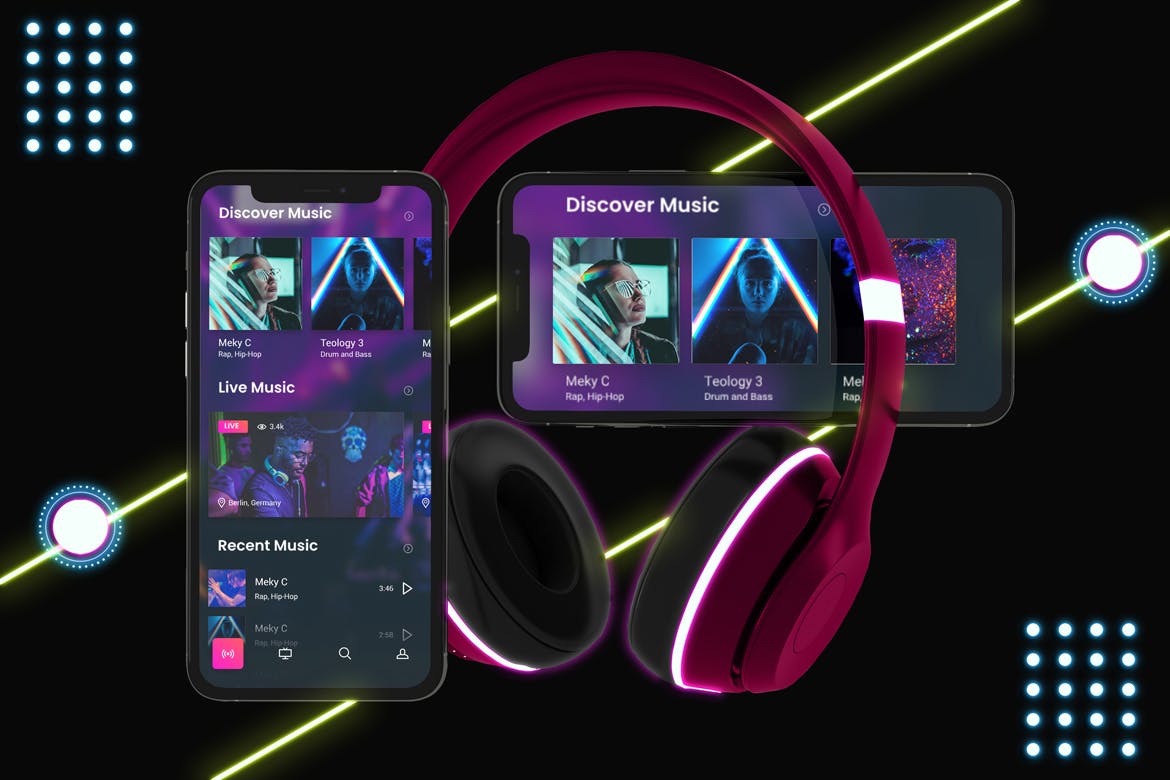 霓虹灯设计风格iPhone手机音乐APP应用UI设计图素材库精选样机 Neon iPhone Music App Mockup插图(6)