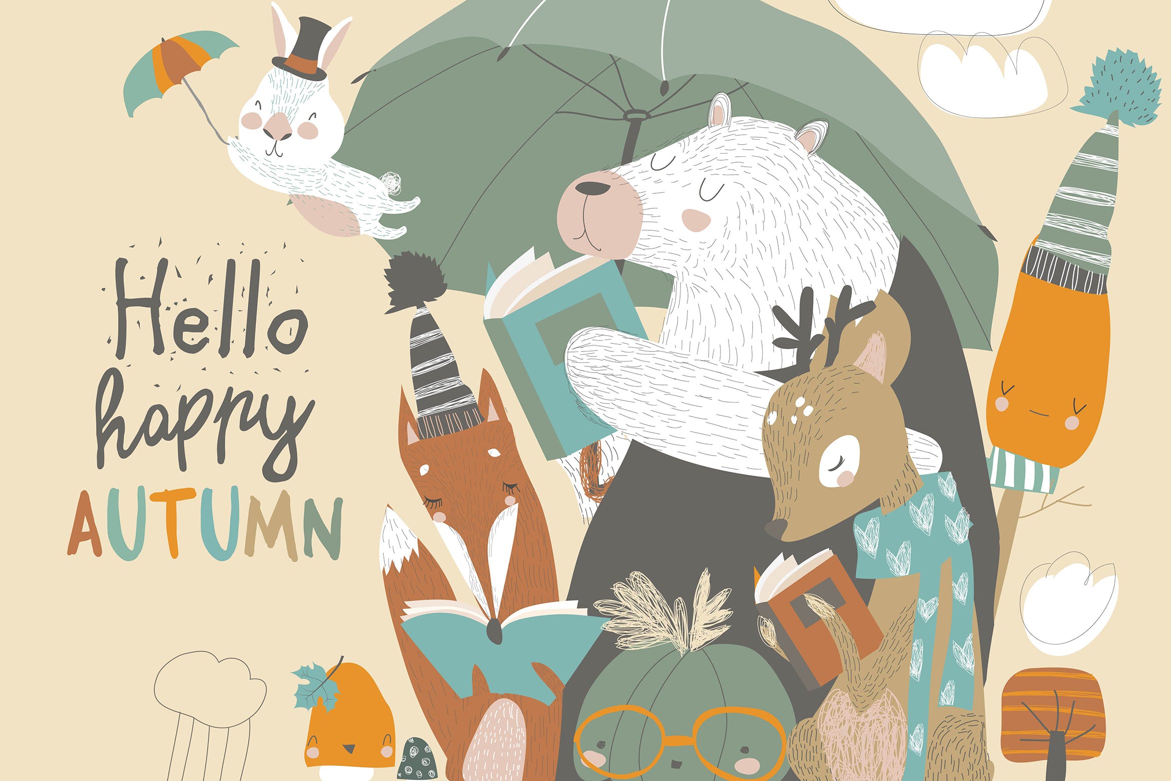 可爱的动物阅读场景素材库精选手绘插画矢量素材 Funny animals read books under umbrella. Autumn ti插图