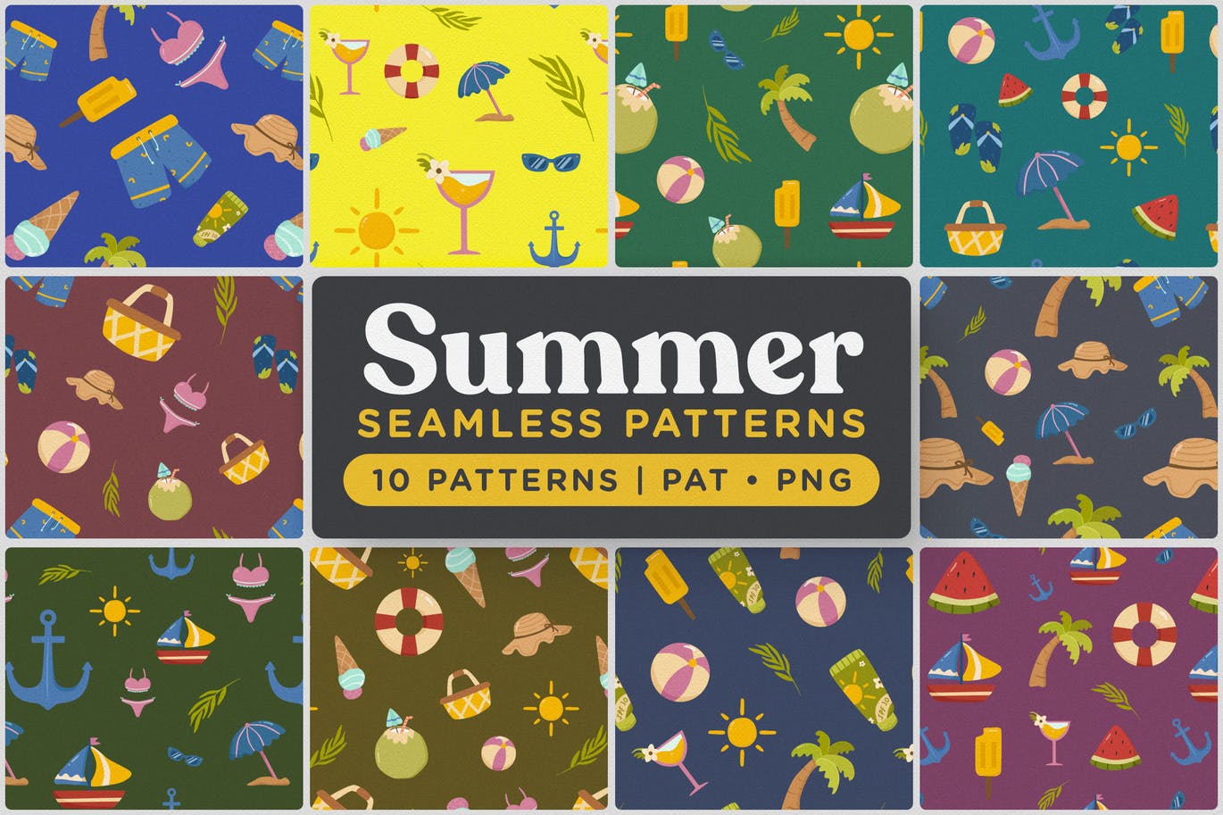 夏日缤纷元素手绘图案无缝背景素材 Playful Summer Seamless Patterns插图