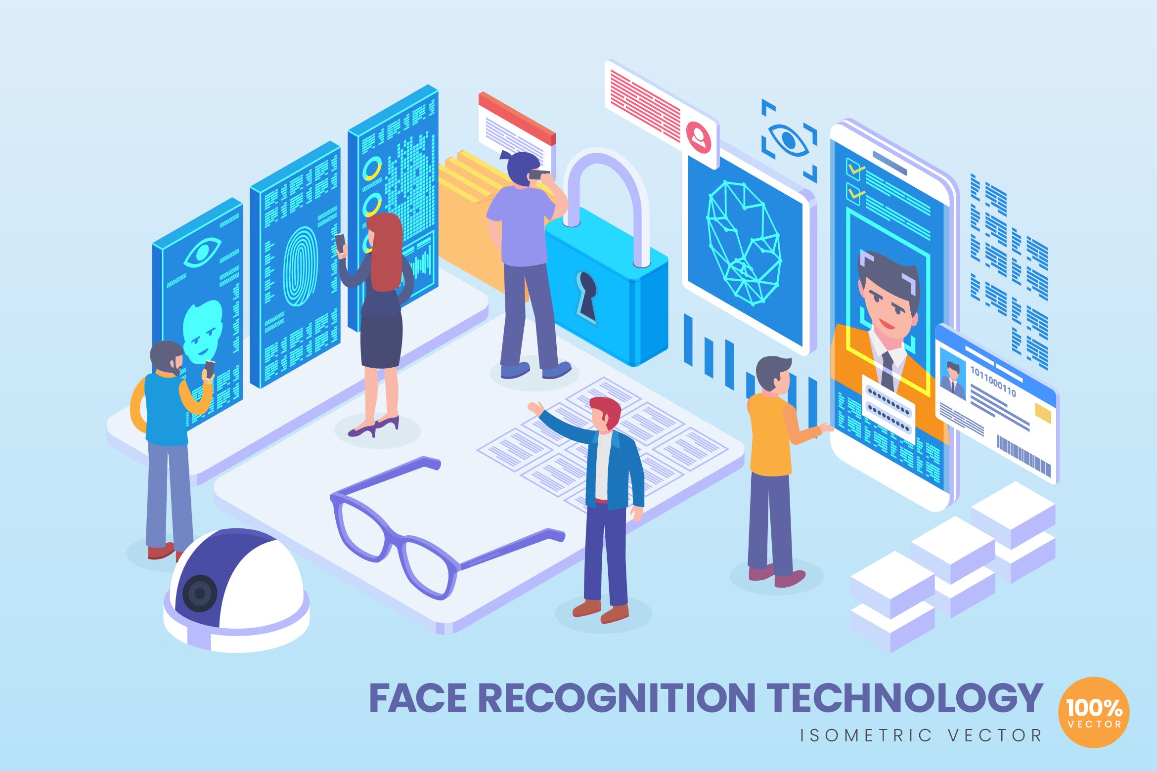 人脸识别技术等距矢量科技16图库精选概念插画v2 Isometric Face Recognition Technology Vector插图