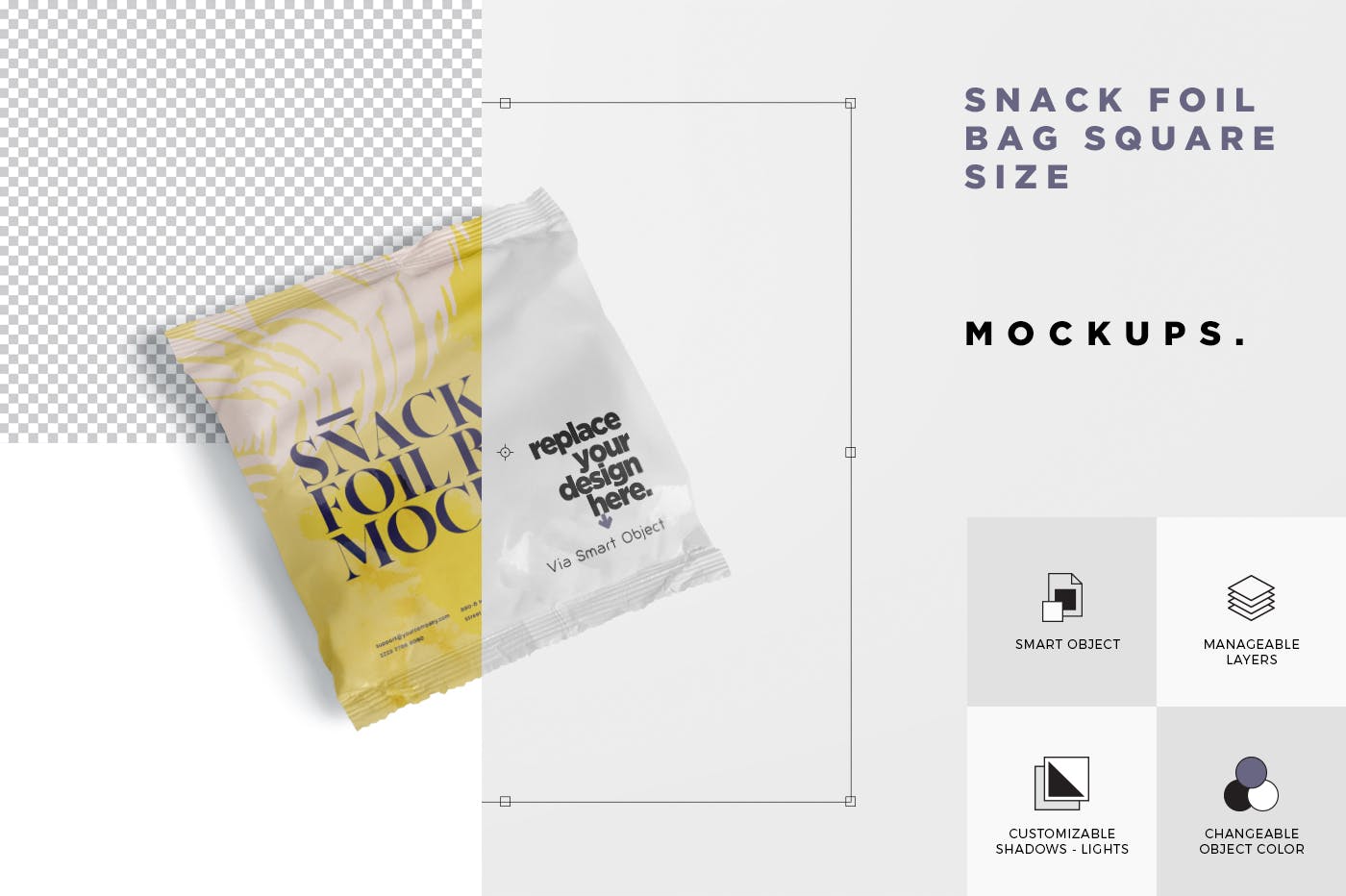 小吃零食铝箔包装袋设计图非凡图库精选 Snack Foil Bag Mockup – Square Size – Small插图(6)