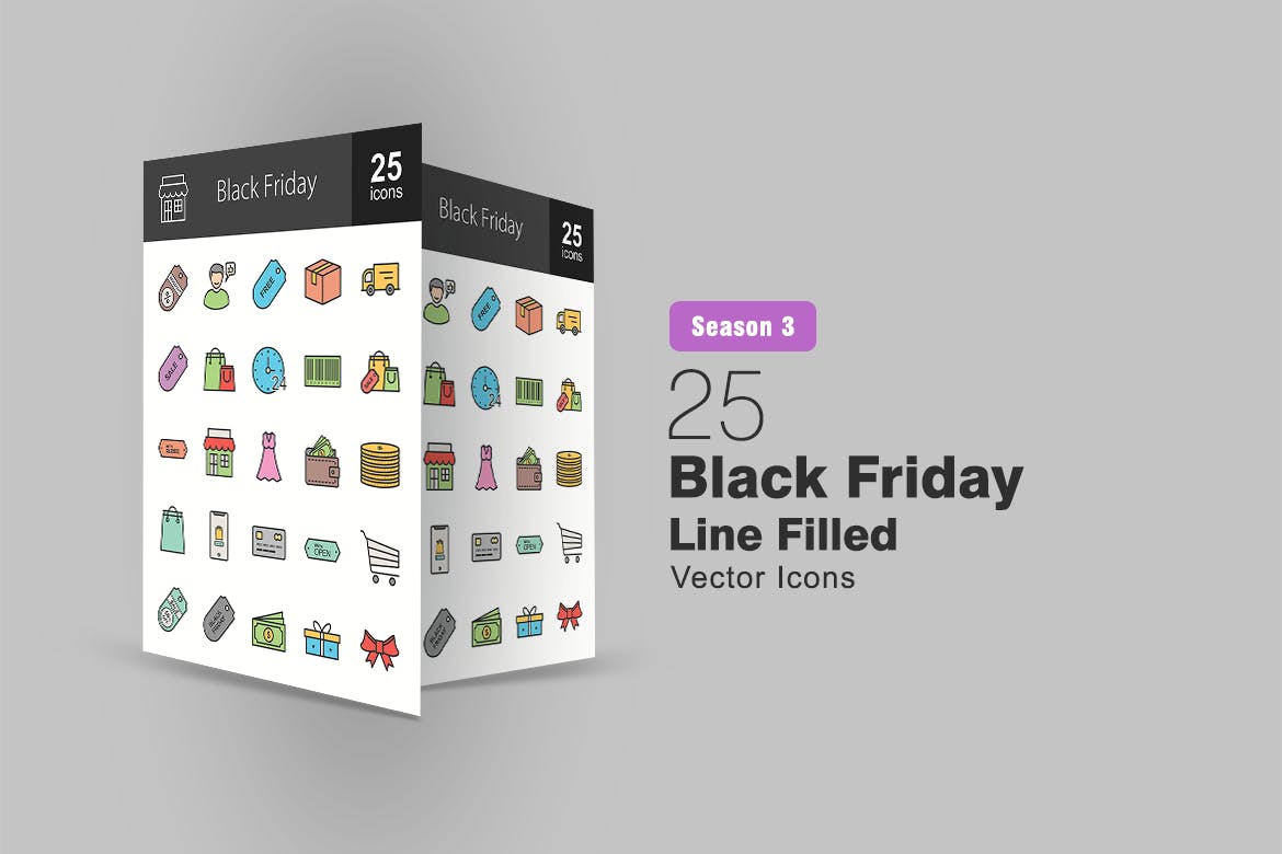 25枚黑色星期五主题填充色线性非凡图库精选图标 25 Black Friday Filled Line Icons插图