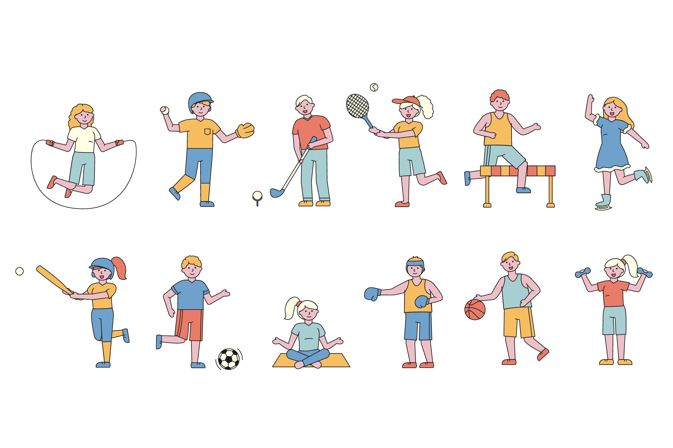 体育运动主题人物形象线条艺术矢量插画16图库精选素材 Sportsmen Lineart People Character Collection插图