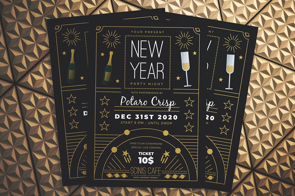 复古设计风格新年晚会海报传单非凡图库精选PSD模板 New Year Party Night Flyer插图(2)