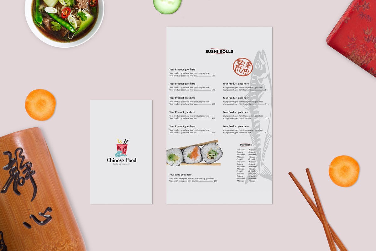 亚洲美食菜单版式设计效果图样机普贤居精选 Asian Food Mock Up插图