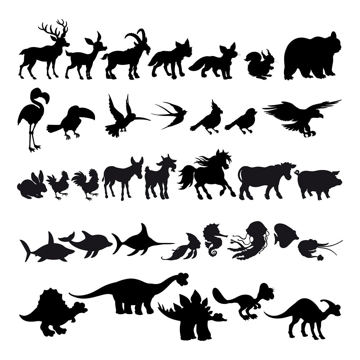 卡通动物剪影矢量插画素材库精选素材 Silhouettes of Cartoon Animals插图(1)