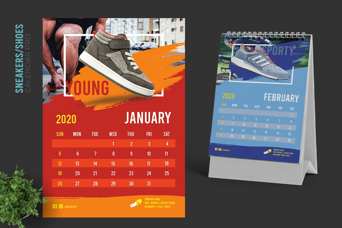 2020年运动品牌定制竖版活页台历设计模板 2020 Colorful Sneakers Sport Shoes Calendar Pro插图(1)