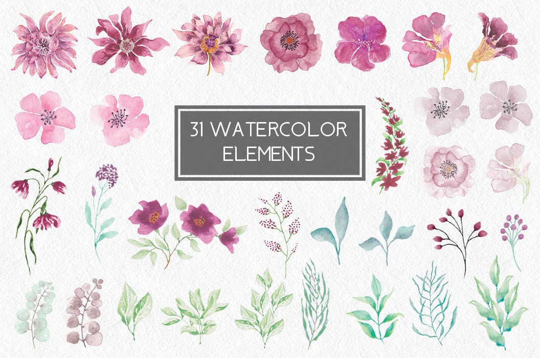 淡紫色水彩花卉设计素材库精选PNG素材包 Shades of Mauve Watercolor Design Set插图(9)
