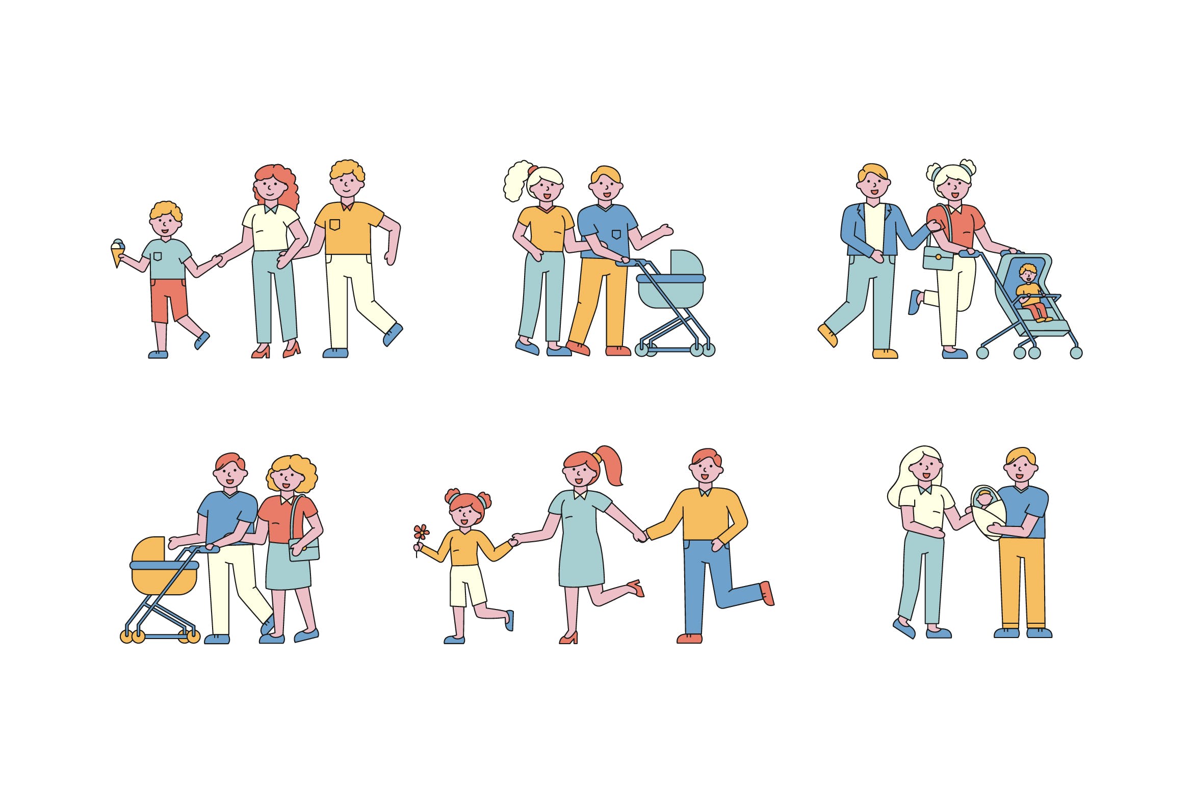 亲子活动主题人物形象线条艺术矢量插画非凡图库精选素材 Family Lineart People Character Collection插图