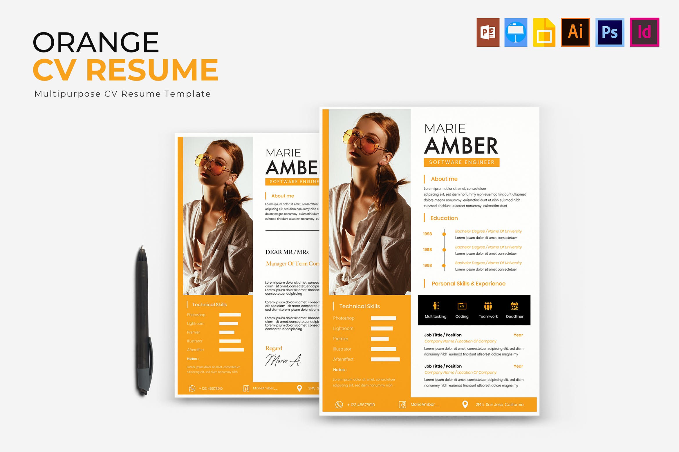 橙色设计风格个人简历&推荐信模板 Orange | CV & Resume Template插图