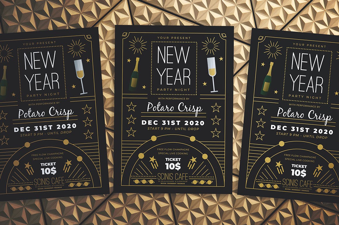 复古设计风格新年晚会海报传单素材库精选PSD模板 New Year Party Night Flyer插图(3)