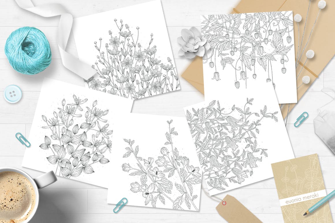 蒲公英线条手绘图案矢量背景素材 Delicate Floral Line Backgrounds插图(2)