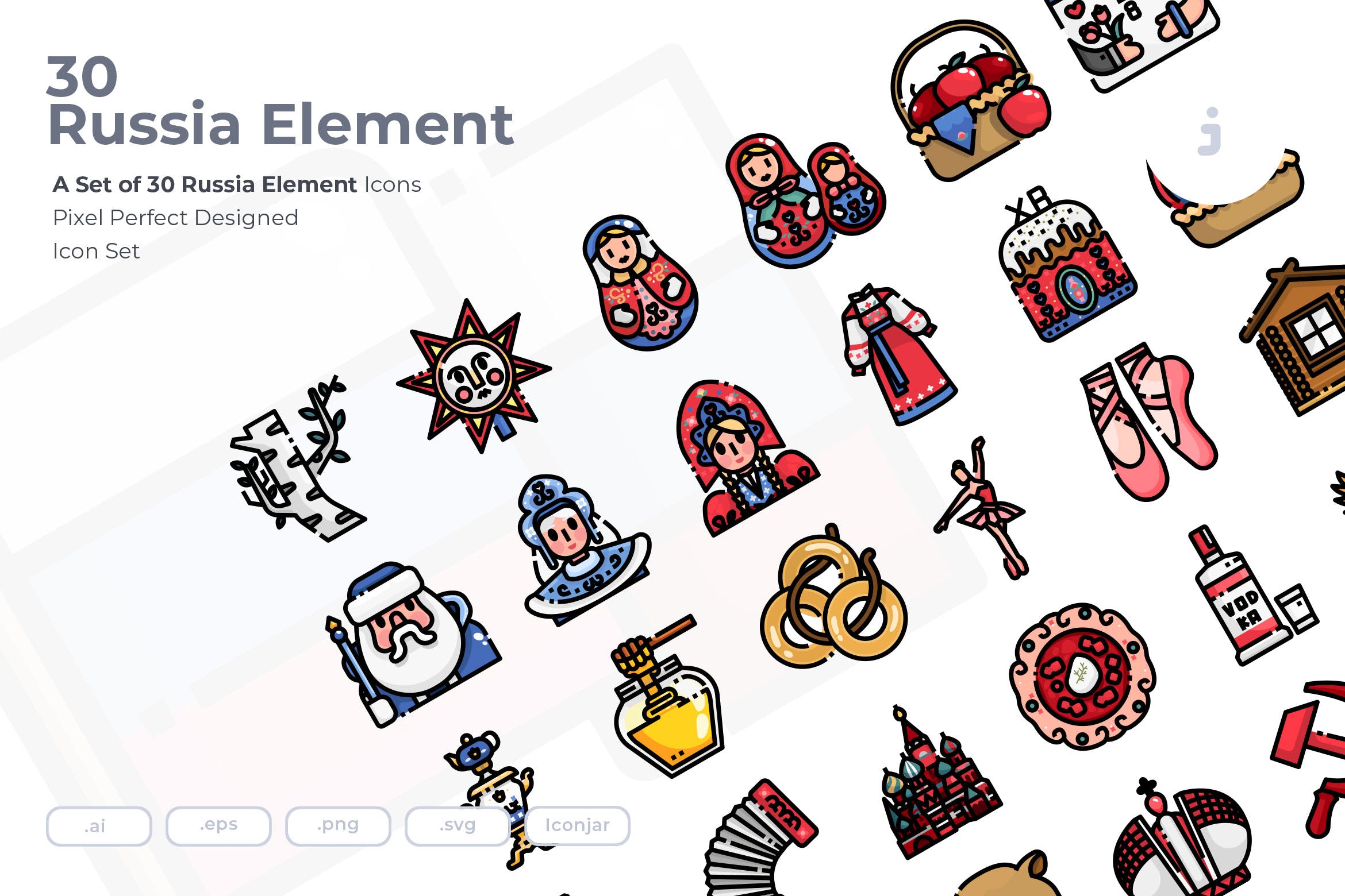 30枚彩色俄罗斯民族元素矢量素材库精选图标 30 Russia Element Icons插图