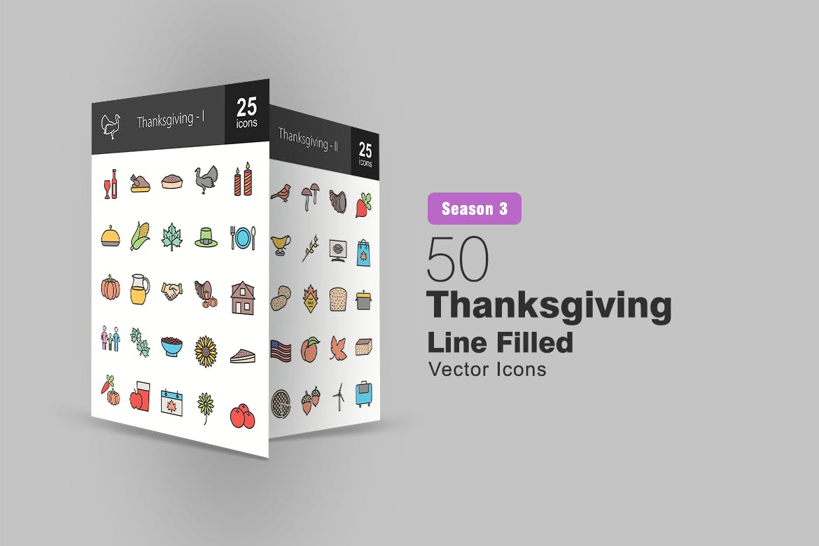 50枚感恩节颜色填充线性非凡图库精选图标素材 50 Thanksgiving Filled Line Icons插图