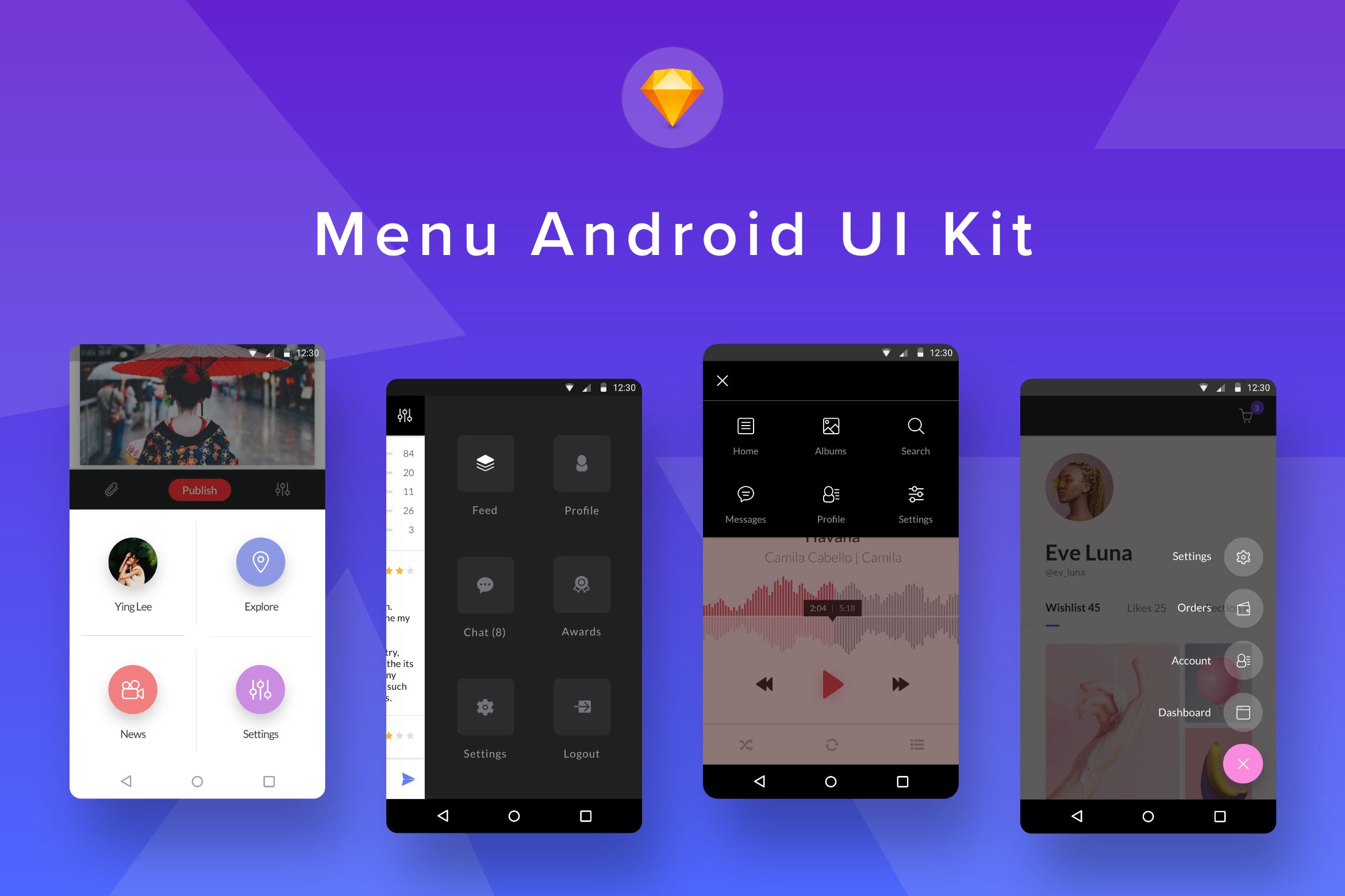 Android应用导航菜单UI界面设计SKETCH模板 Menu Android UI Kit (Sketch)插图