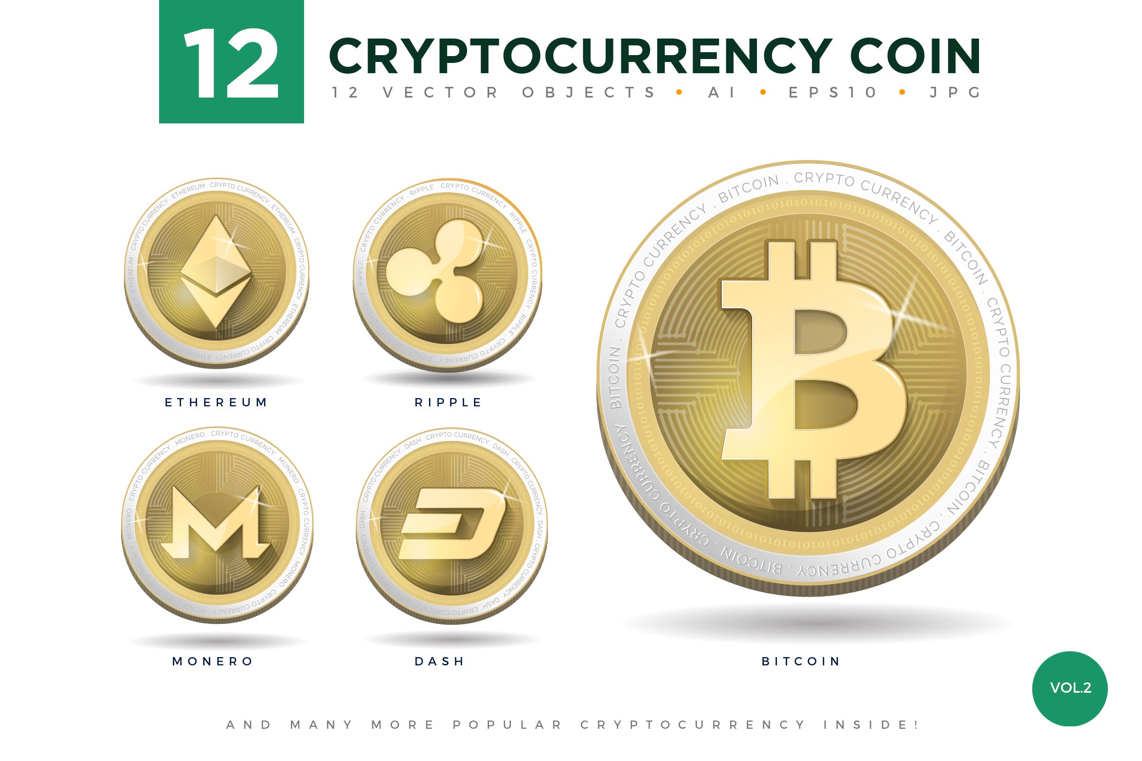 12枚加密货币主题硬币形状矢量素材库精选图标合集v2 12 Crypto Currency Coin Vector Illustration Set 2插图