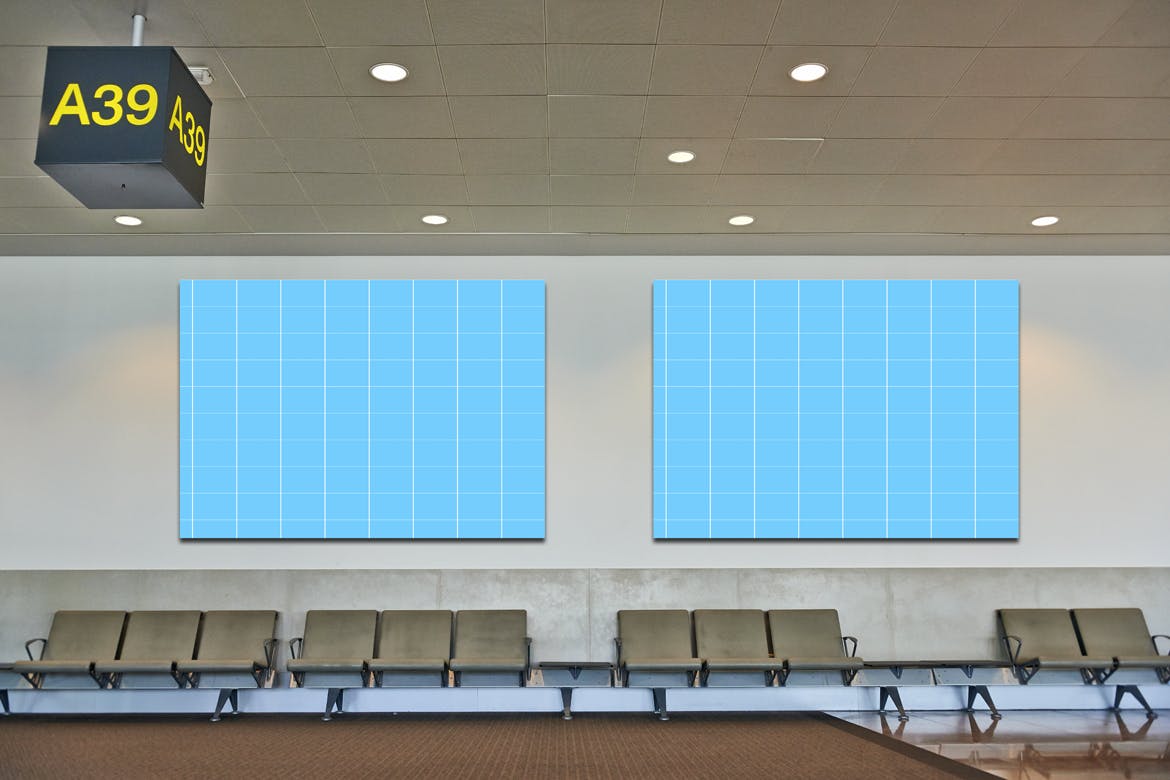 机场候机室挂墙广告大屏幕演示样机素材中国精选模板 Airport_Wall_Mockup插图(3)