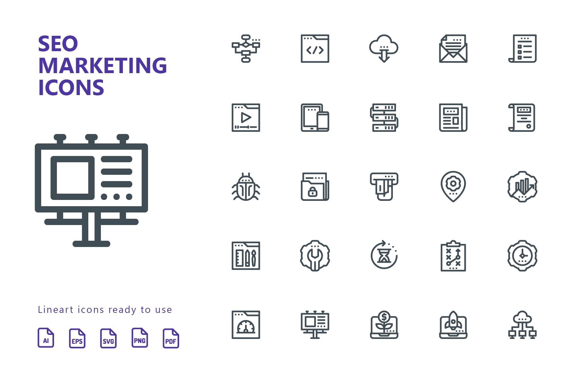 25枚SEO搜索引擎优化营销矢量线性素材库精选图标v1 SEO Marketing Line Icons插图(1)