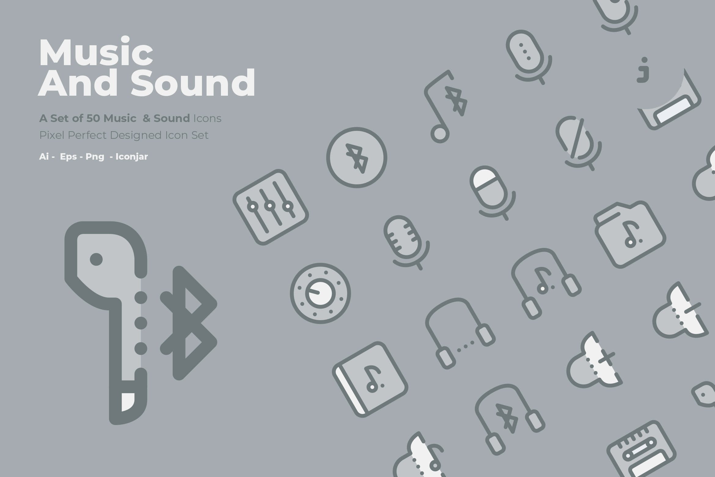 50枚音乐&声音主题矢量双色调非凡图库精选图标 50 Music and Sound Icons  –  Two Tone Style插图