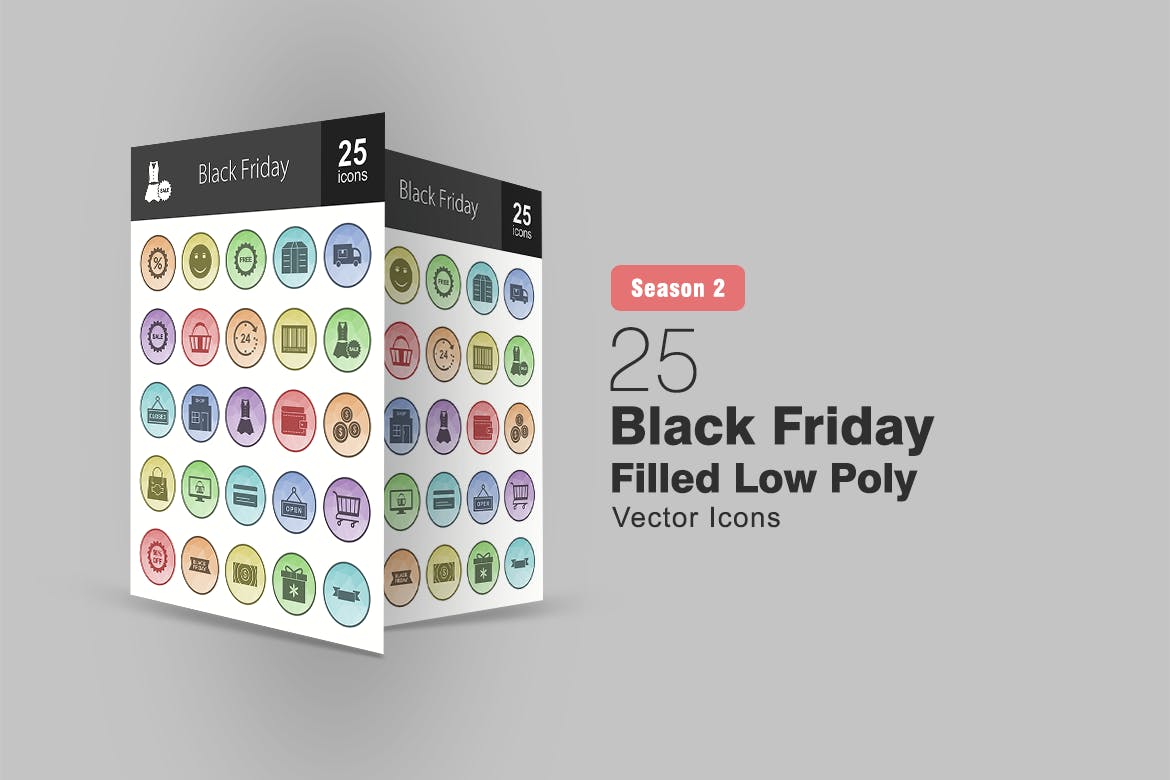 25个黑色星期五主题圆形填充非凡图库精选图标 25 Black Friday Filled Low Poly Icons插图