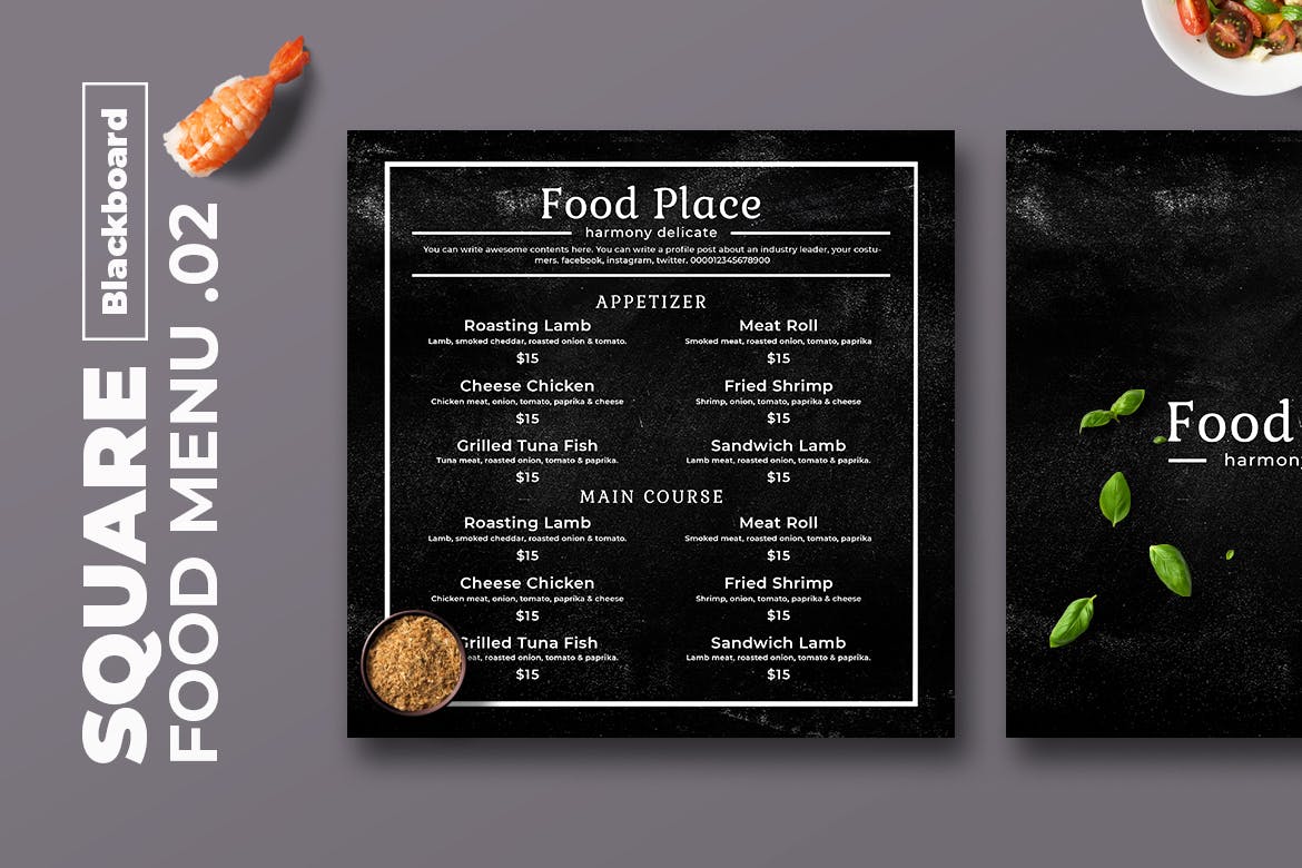 黑板画风格正方形两列式西餐厅普贤居精选菜单模板v02 Blackboard Square Food Menu. 02插图