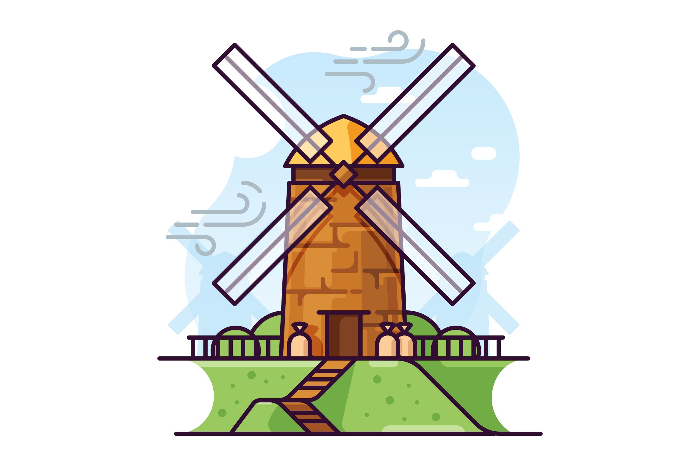 风车磨坊手绘矢量插画16设计网精选素材 Windmill illustration插图