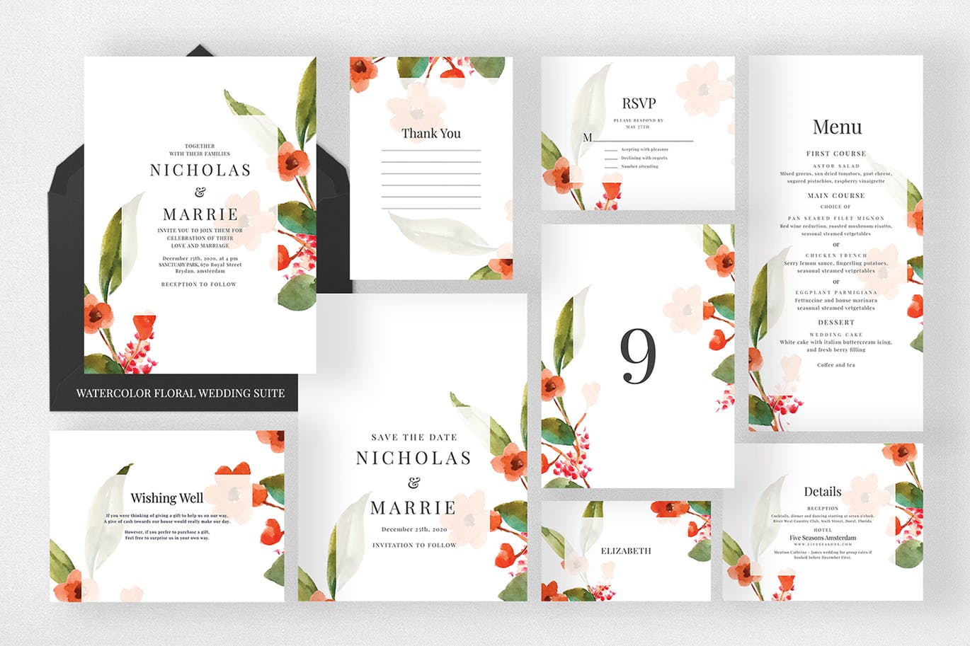 水彩花卉背景婚礼邀请函16设计网精选模板 Watercolor Floral Wedding Suite插图(1)