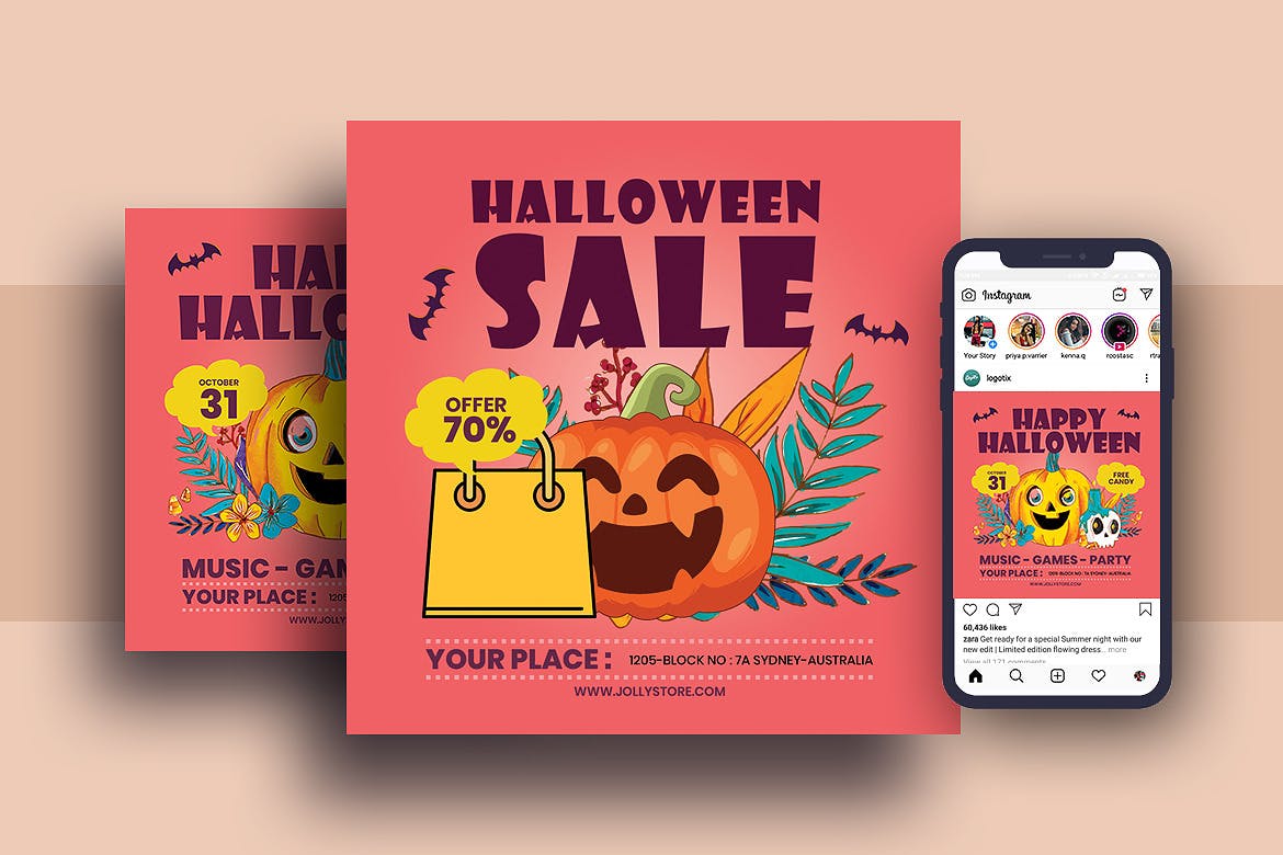 万圣节节日促销海报模板16设计网精选和Instagram推广素材 Halloween Festival Flyer & Instagram Post Design插图