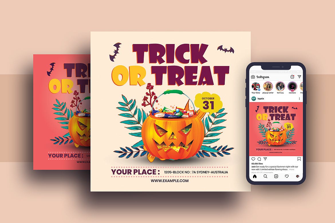 万圣节不给糖就捣蛋主题传单设计模板素材库精选&Instagram社交设计素材 Halloween Trick Or Treat Flyer & Instagram Post插图