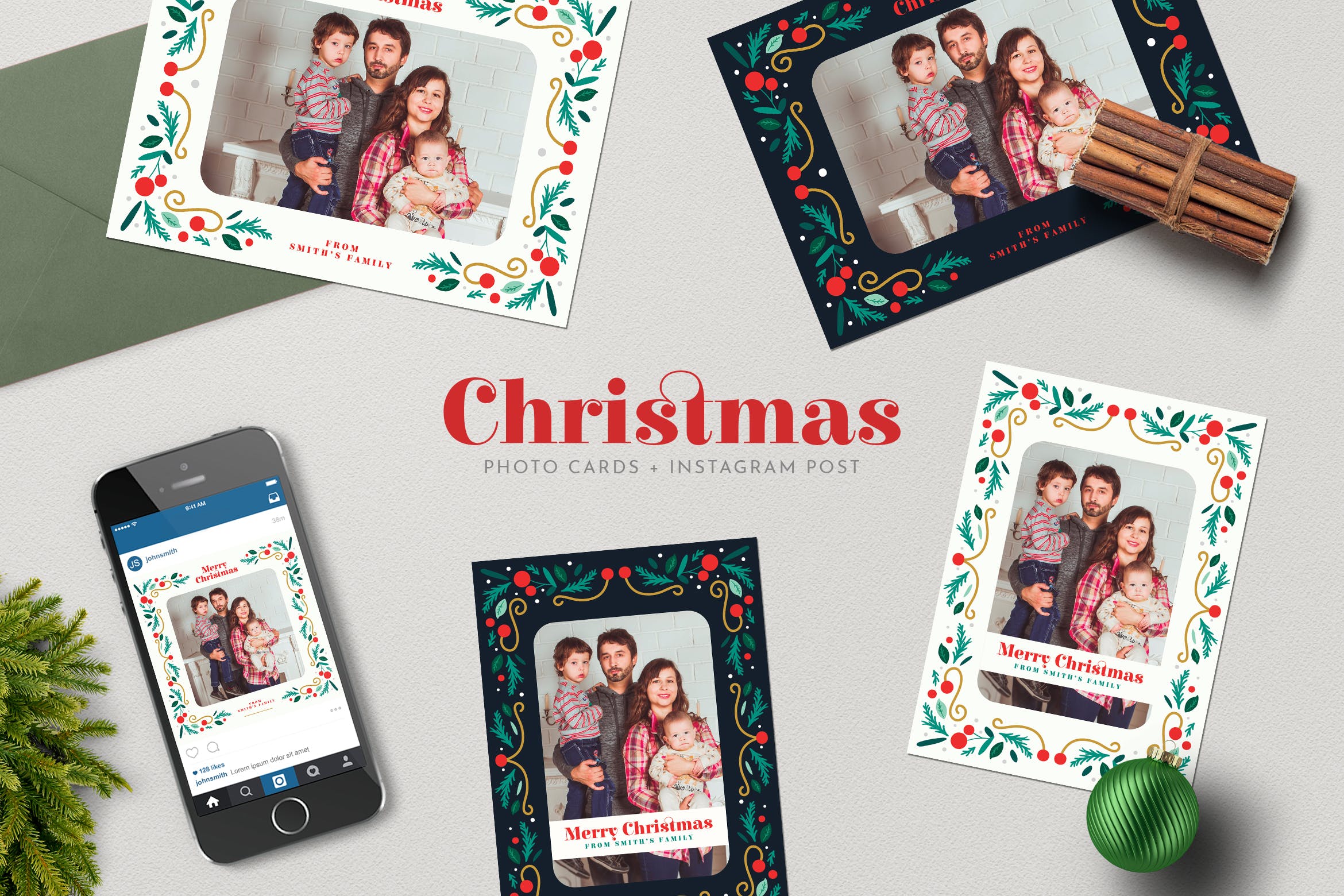 圣诞节照片明信片&Instagram贴图设计模板素材库精选 Christmas PhotoCards +Instagram Post插图