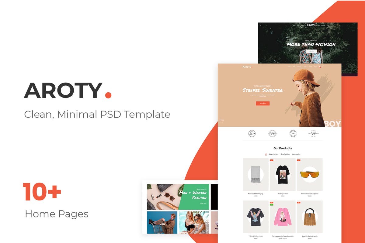 极简设计风格电商网站设计模板素材库精选 Aroty – Clean, Minimal Shop PSD Template插图