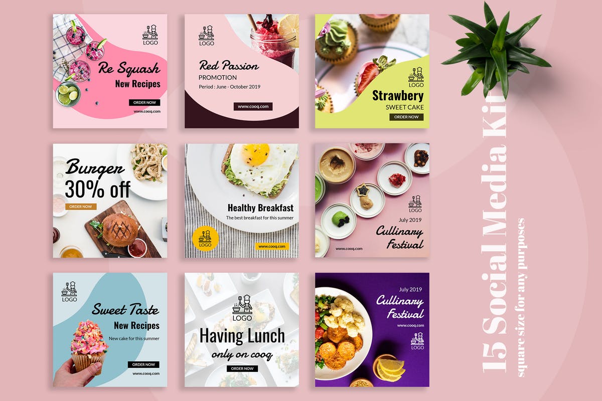 美食主题社交媒体促销16设计网精选广告模板合集 Cooq – Food Social Media Kit插图