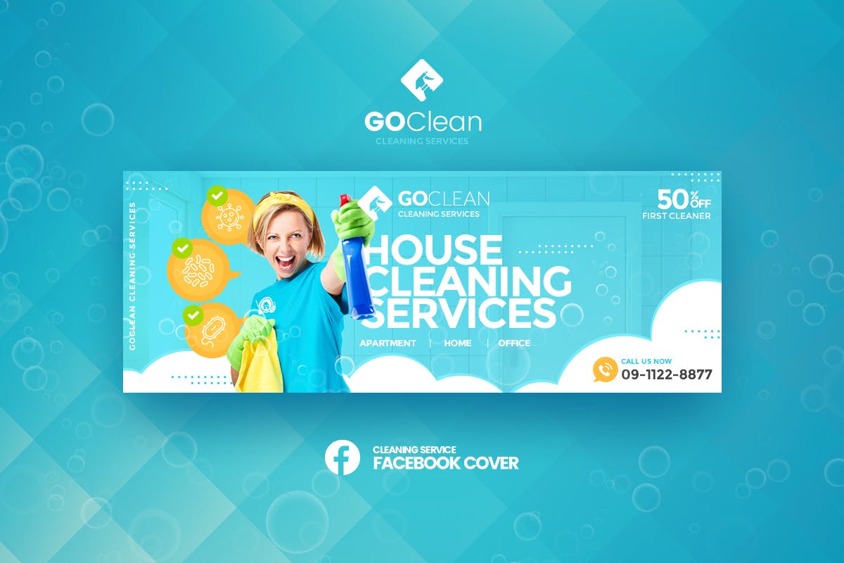 清洁服务保洁公司宣传推广社交广告设计素材 GoClean – Cleaning Service Facebook Cover Template插图