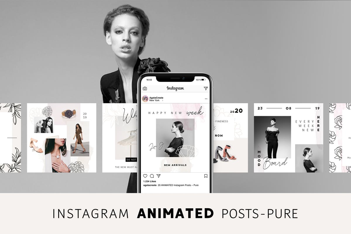 社交新媒体时尚潮流主题广告PSD动画模板16设计网精选v1 ANIMATED Instagram Posts – Pure插图