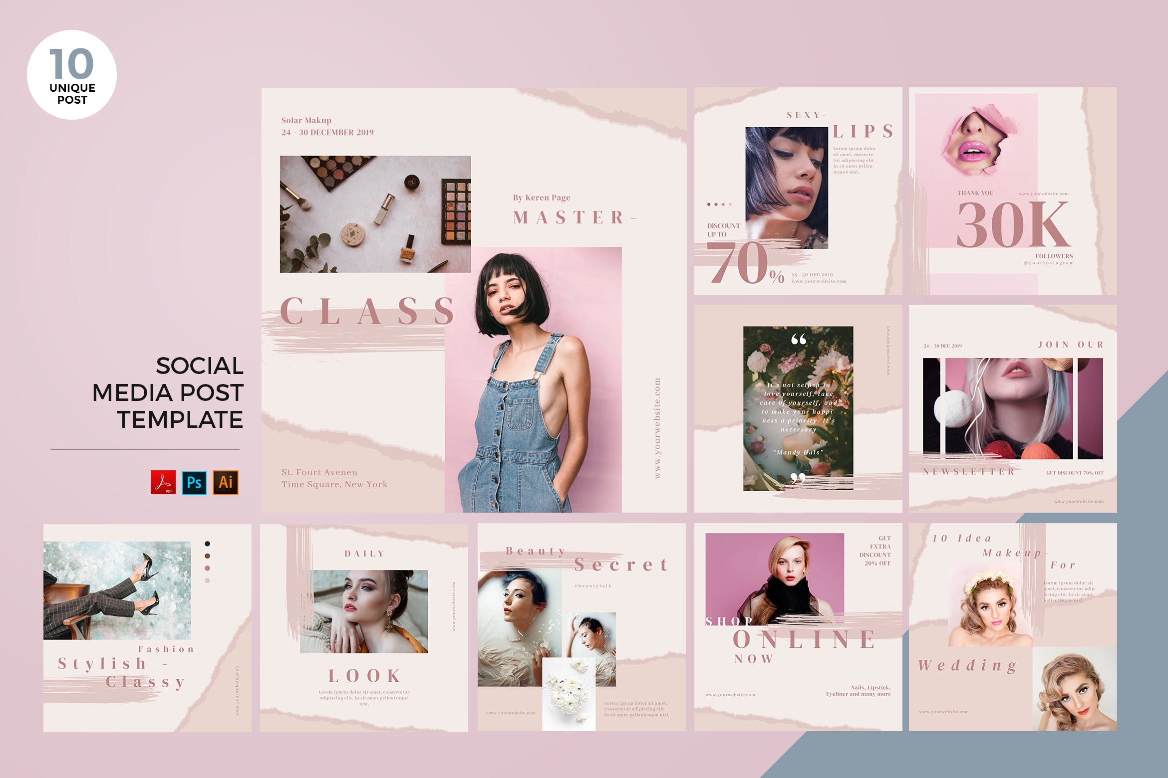 时尚化妆品推广社交媒体设计素材包 Fashion Cosmetic Social Media Kit PSD & AI插图