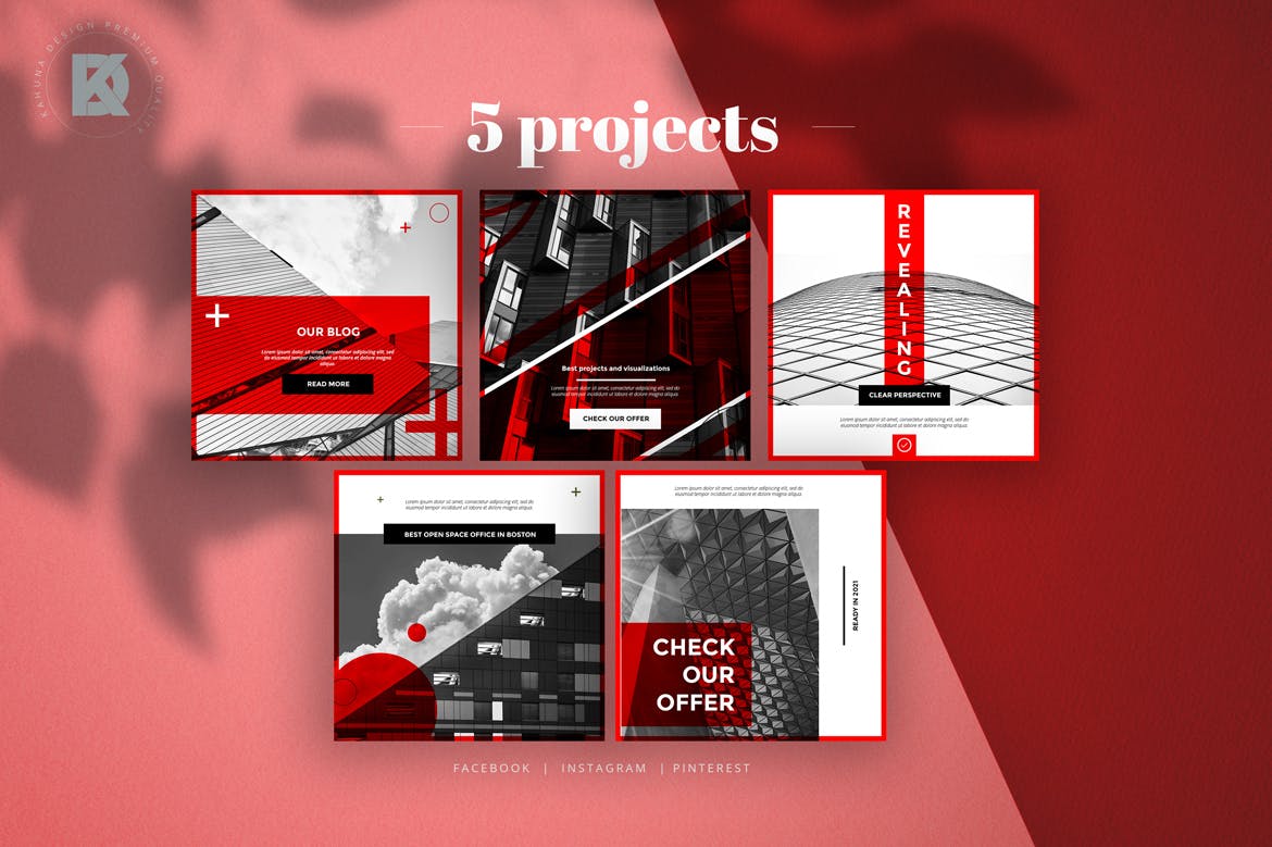 灰度红创意社交媒体普贤居精选广告模板素材 Greyscale Red Social Media Pack插图(4)
