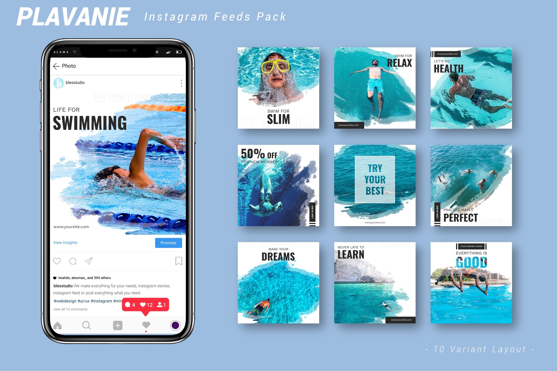 墨水印迹图形Instagram信息流贴图模板素材库精选 Plavanie – Instagram Feeds Pack插图