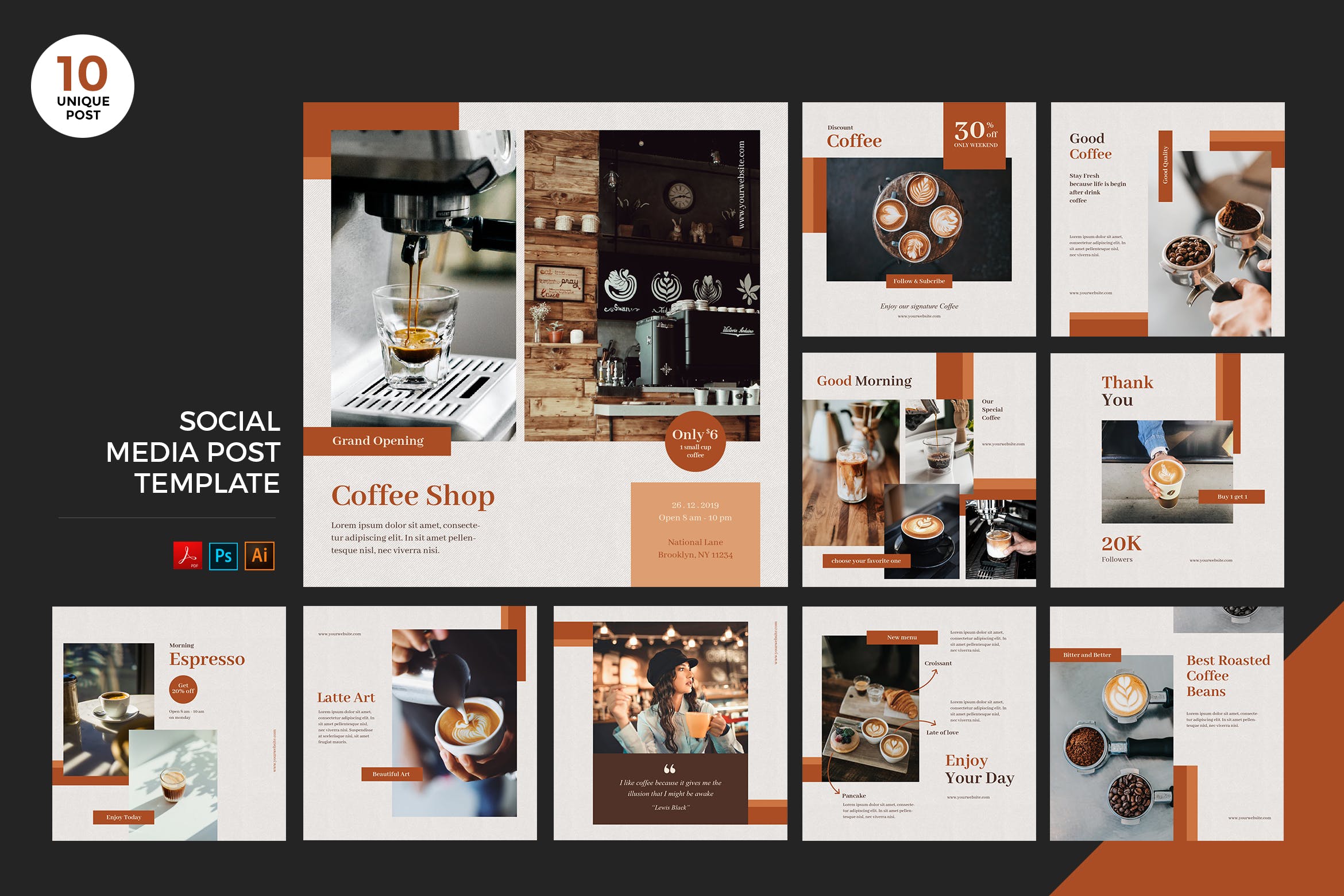 咖啡店社交媒体宣传推广设计素材包[PSD&AI] Coffee Shop Social Media Kit PSD & AI插图