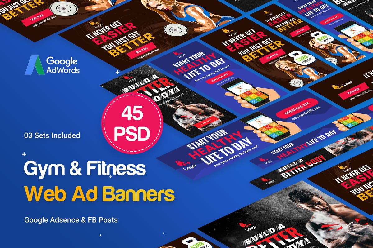 45个健身主题Banner广告图PSD模板素材库精选 Gym & Fitness Banners Ad – 45 PSD [03 Sets]插图