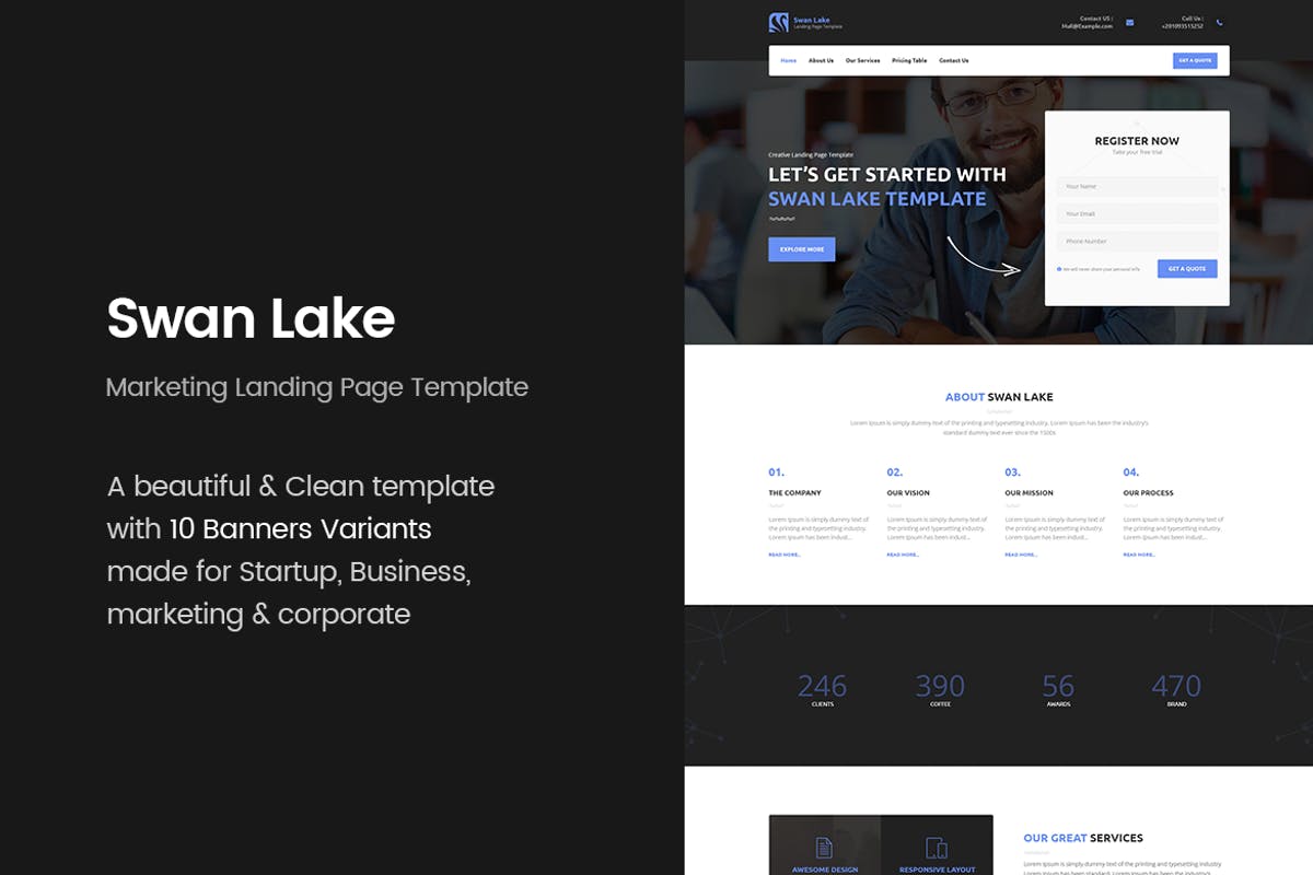 现代创意品牌宣传着陆页HTML模板素材库精选 Swan Lake – Marketing Landing Page插图
