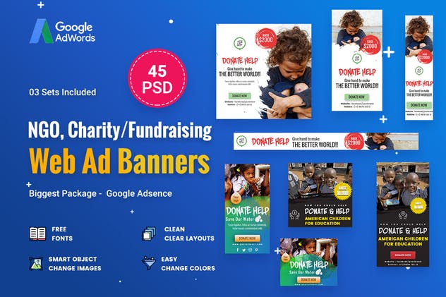 45个非盈利组织公益活动Banner非凡图库精选广告模板 NGO, Charity/Fundraising Banner Ads –  45 PSD插图(1)