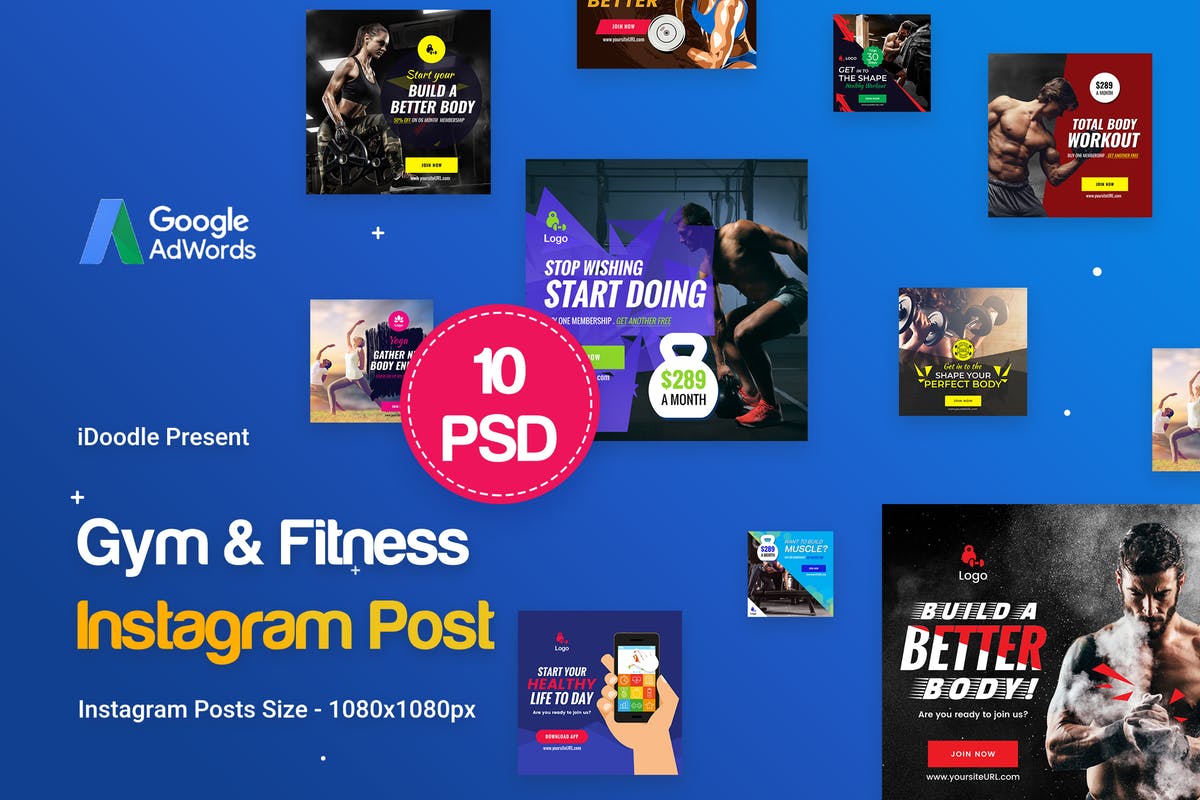 健身主题Instagram文章贴图PSD模板素材库精选 Gym & Fitness Instagram Posts – 10 PSD插图