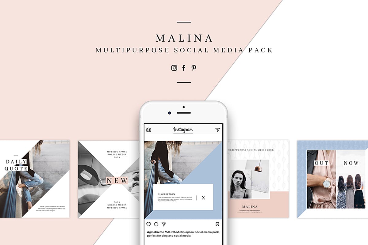 72个现代简洁多功能社交媒体新媒体贴图模板素材库精选 MALINA Social Media Pack & 20 Pattern插图