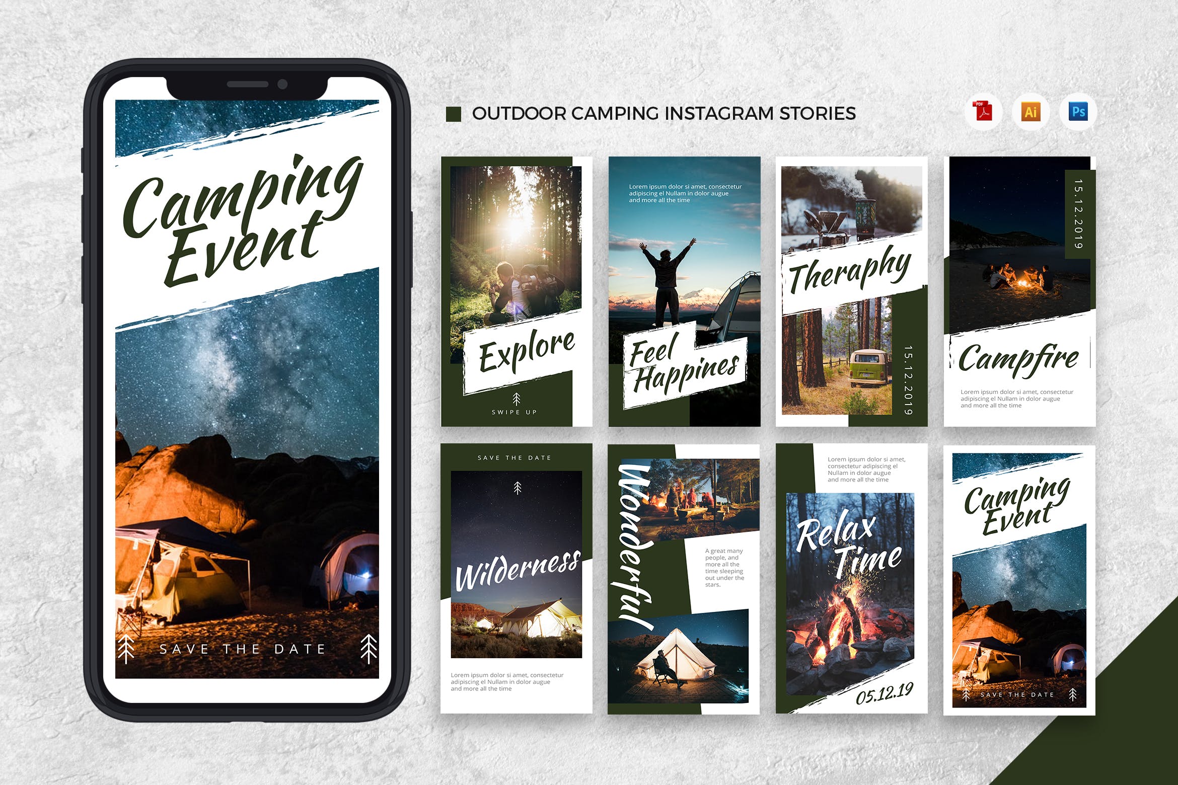 户外野营活动Instagram社交推广设计素材[AI&PSD] Outdoor Camping Instagram Stories AI and PSD插图