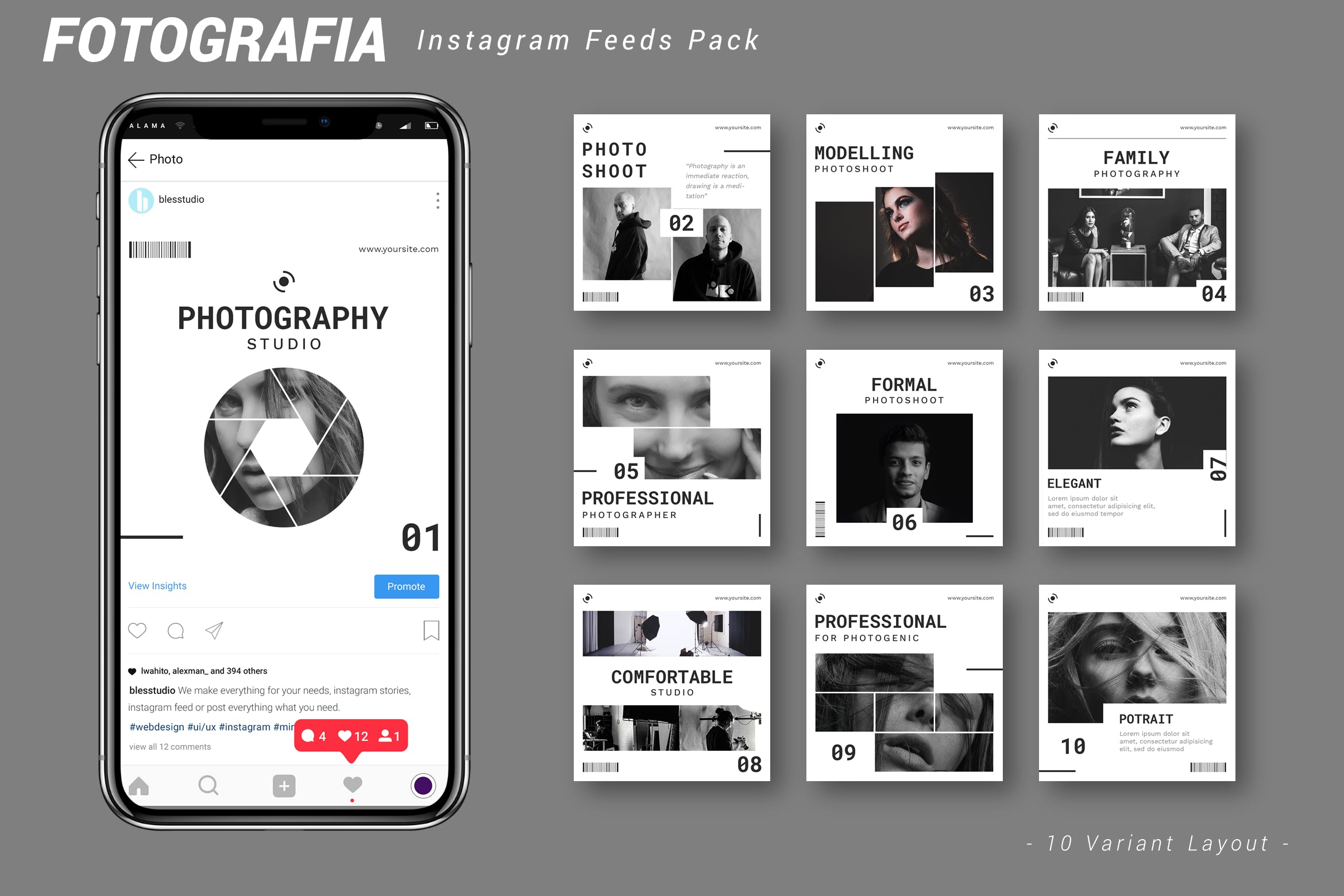 Instagram信息流黑白配色贴图设计模板素材库精选 Fotografia – Instagram Feeds Pack插图